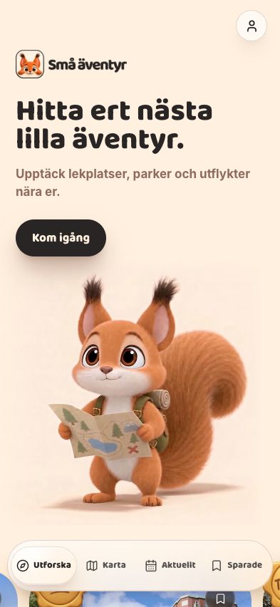 Tiny Adventures mobile home screen with recommendations and the squirrel guide