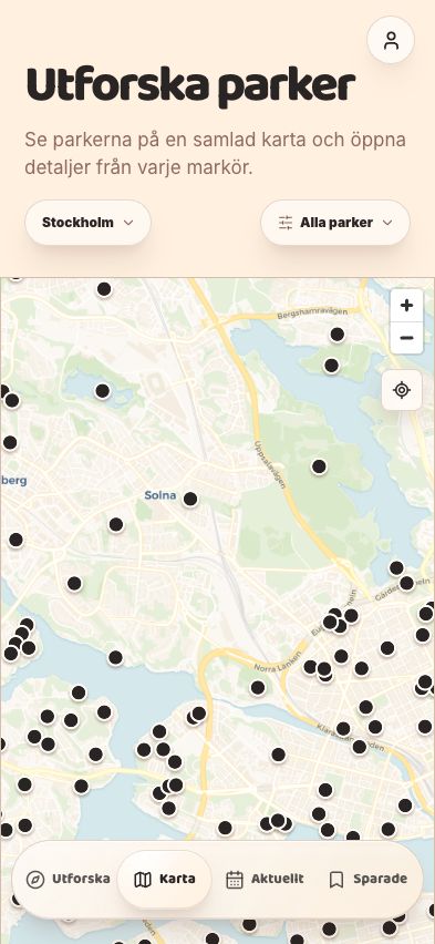 Tiny Adventures map showing parks across Stockholm