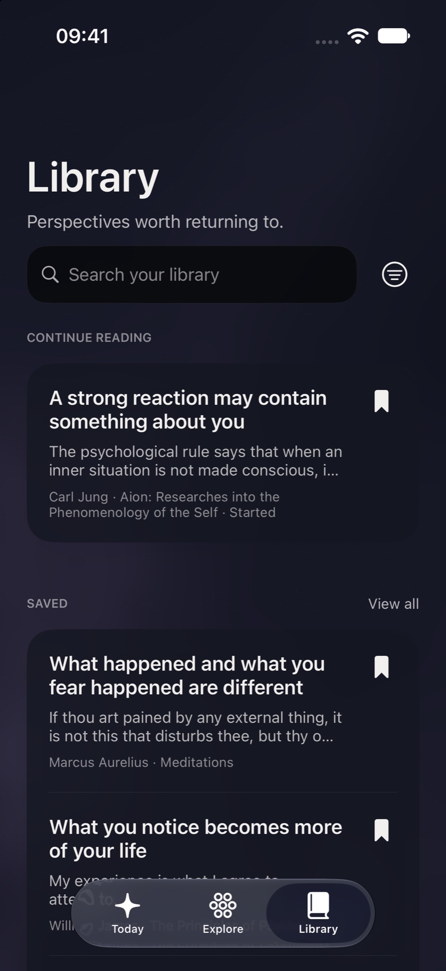 Aely Library in dark mode with the Jung Perspective and saved reading