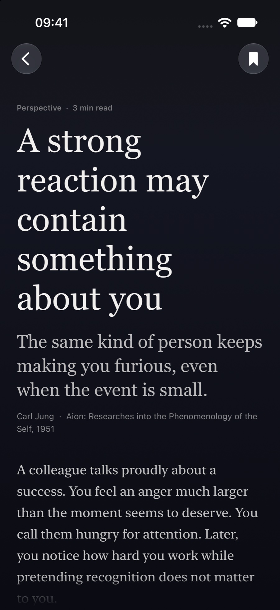 Aely reading Carl Jung’s A strong reaction may contain something about you in dark mode, with source and context