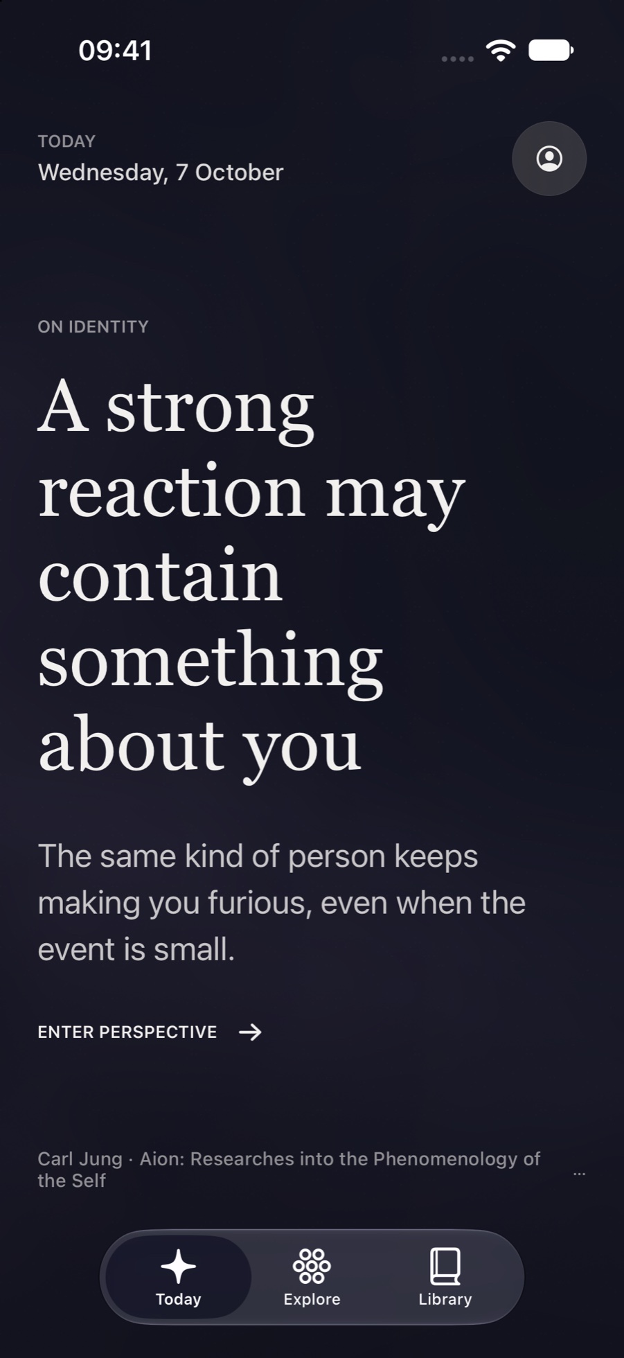 Aely Today in dark mode introducing Carl Jung’s A strong reaction may contain something about you