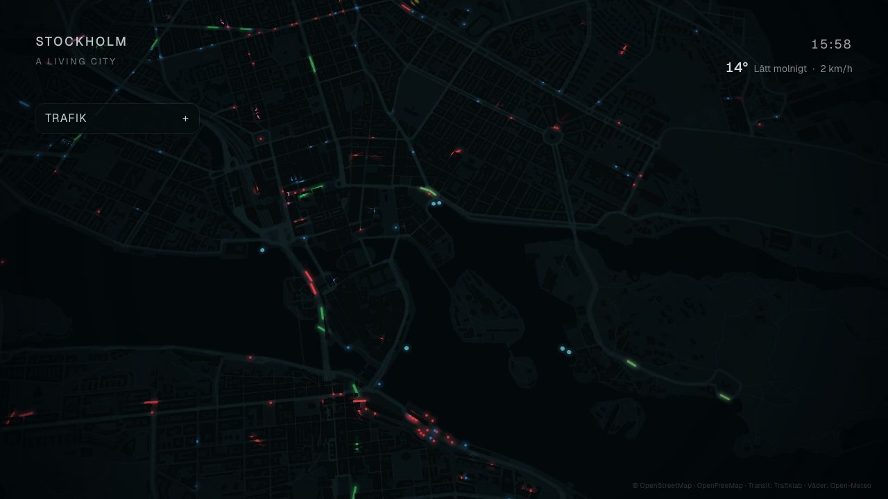 A closer view of Stockholm’s live transport moving across the city map